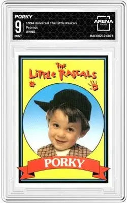 Graded 1994 Universal The Little Rascals Promos Porky NNO Arena Club card with a 9 MINT grade