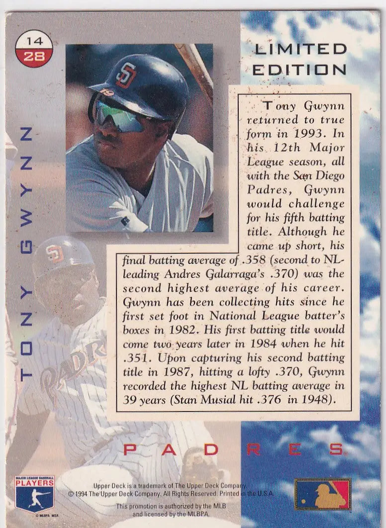 1994 UPPER DECK #14 TONY GWYNN HOLOGRAM LIMITED EDITION- SAN DIEGO PADRES - Baseball Card Single