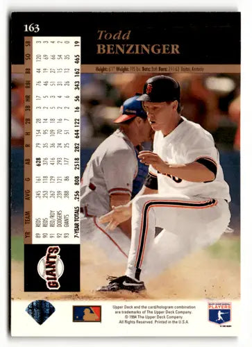 1994 Upper Deck #163 Todd Benzinger EX/NM Giants ID:52027 - Baseball Card Single
