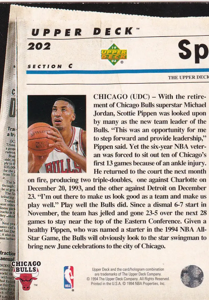 1994 UPPER DECK #202 SCOTTIE PIPPEN ELECTRIC COURT- CHICAGO BULLS - Basketball Card Single