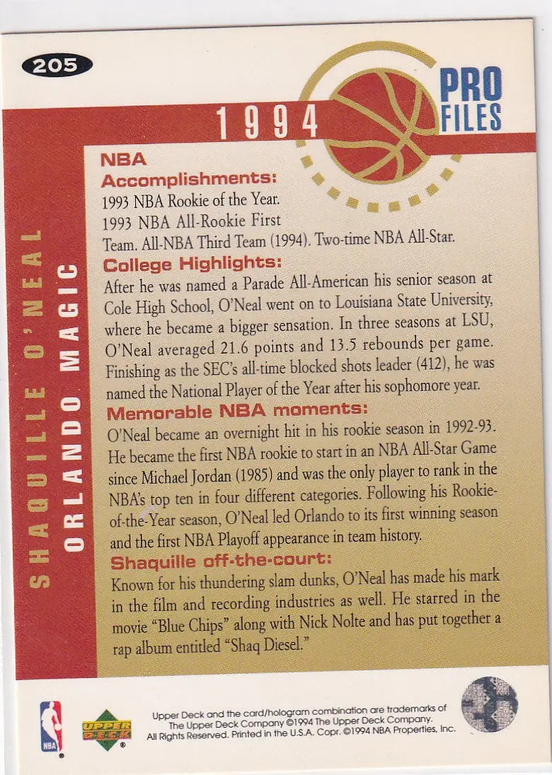 1994 UPPER DECK #205 SHAQUILLE ONEAL PRO FILES- ORLANDO MAGIC - Basketball Card Single