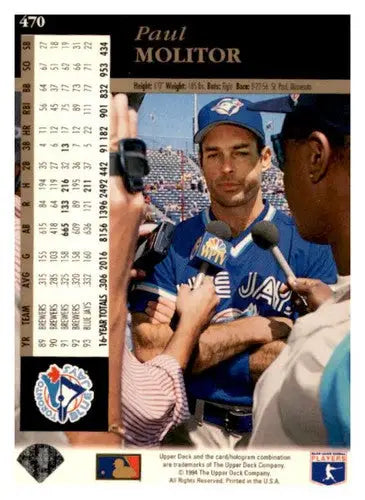 Original gloss baseball card of Paul Molitor in Toronto Blue Jays uniform