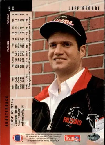 Jeff George football card from 1994 Upper Deck featuring original gloss and Falcons
