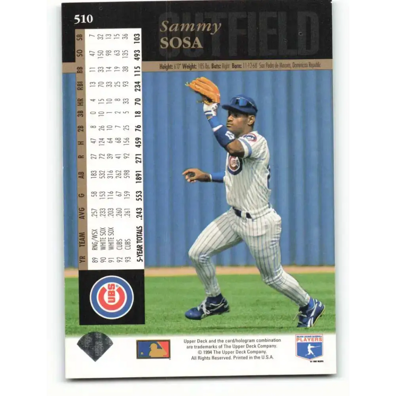 1994 Upper Deck #510 Sammy Sosa NM-MT Chicago Cubs Baseball Card - Baseball Card Single