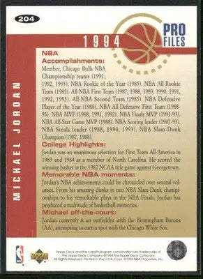 1994 Upper Deck Collector’s Choice Pro Files Michael Jordan #204 Basketball - Basketball Card Single