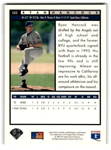 1994 Upper Deck Electric Diamond #523 Ryan Hancock NM Near Mint RC Rook ID:72072 - Baseball Card Single
