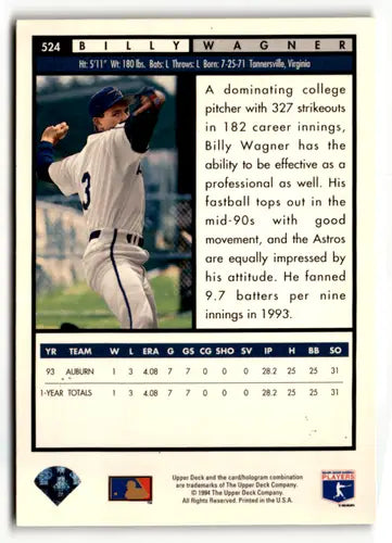 Original gloss Billy Wagner baseball card from 1994 Upper Deck Electric Diamond collection
