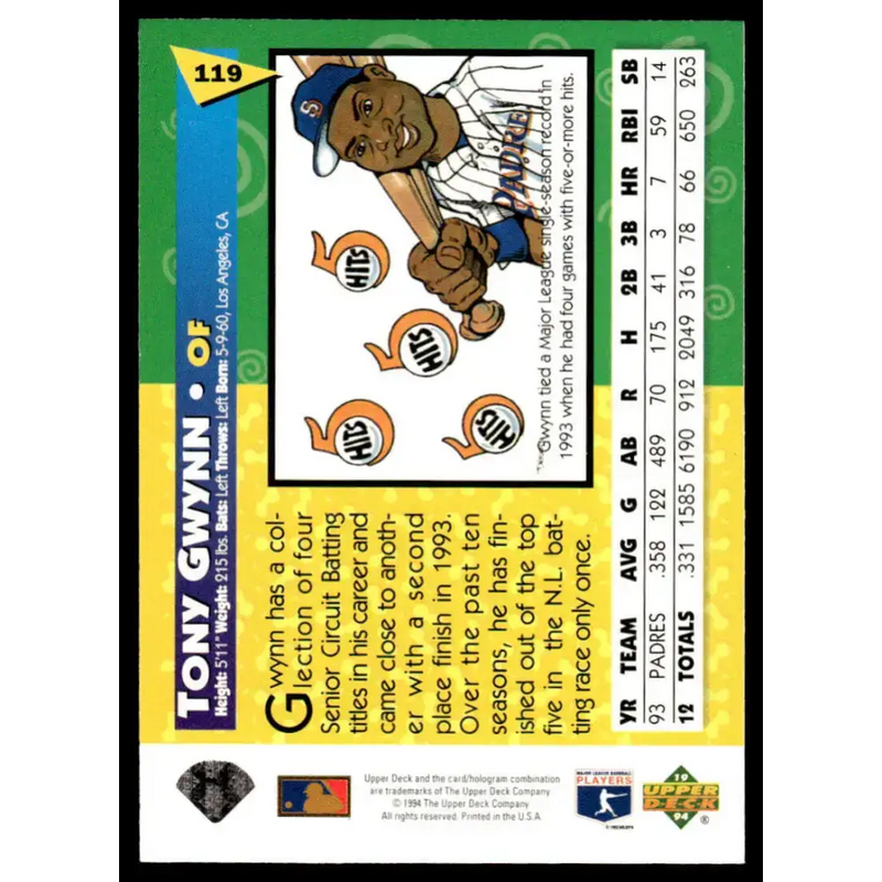 1994 Upper Deck Fun Pack #119 Tony Gwynn NM/MT San Diego Padres Baseball Card - Baseball Card Single