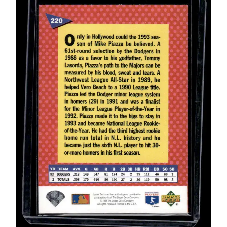 1994 Upper Deck Fun Pack #220 Mike Piazza EX/NM Los Angeles Dodgers Baseball Card - Baseball Card Single