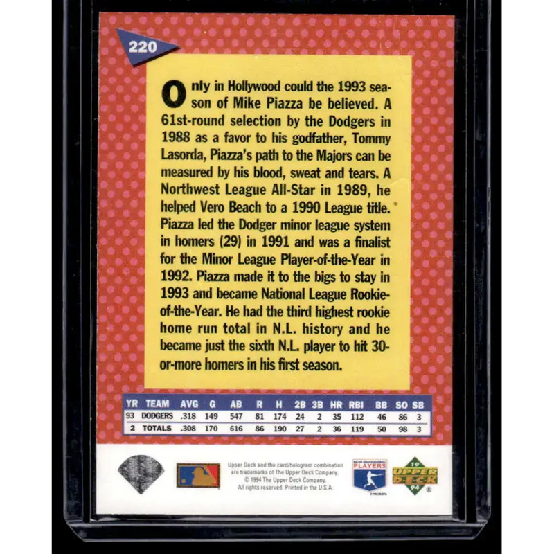 1994 Upper Deck Fun Pack #220 Mike Piazza EX/NM Los Angeles Dodgers Baseball Card - Baseball Card Single