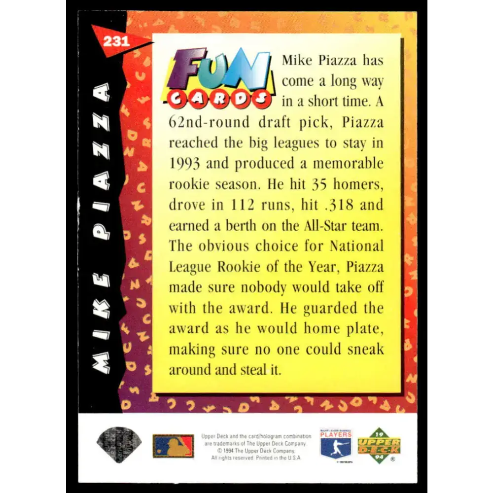 1994 Upper Deck Fun Pack #231 Mike Piazza EX/NM Los Angeles Dodgers Baseball Card - Baseball Card Single