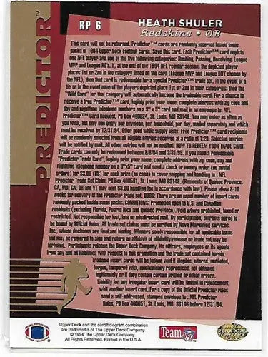 Original gloss football card back from 1994 Upper Deck Predictor League Leaders Heath Shuler Redskins cards typically sell