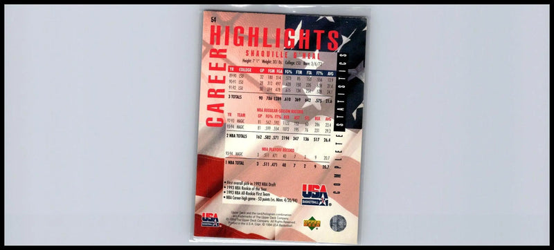 1994 Upper Deck USA #54 Shaquille O’Neal baseball card with career highlights