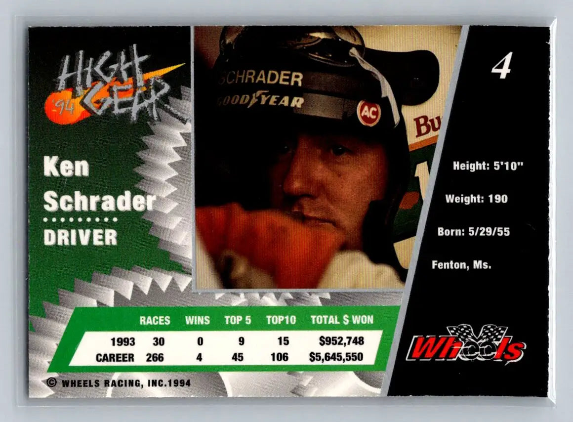 1994 Wheels High Gear #4 Ken Schrader Hendrick Motorsports - Racing Card Single