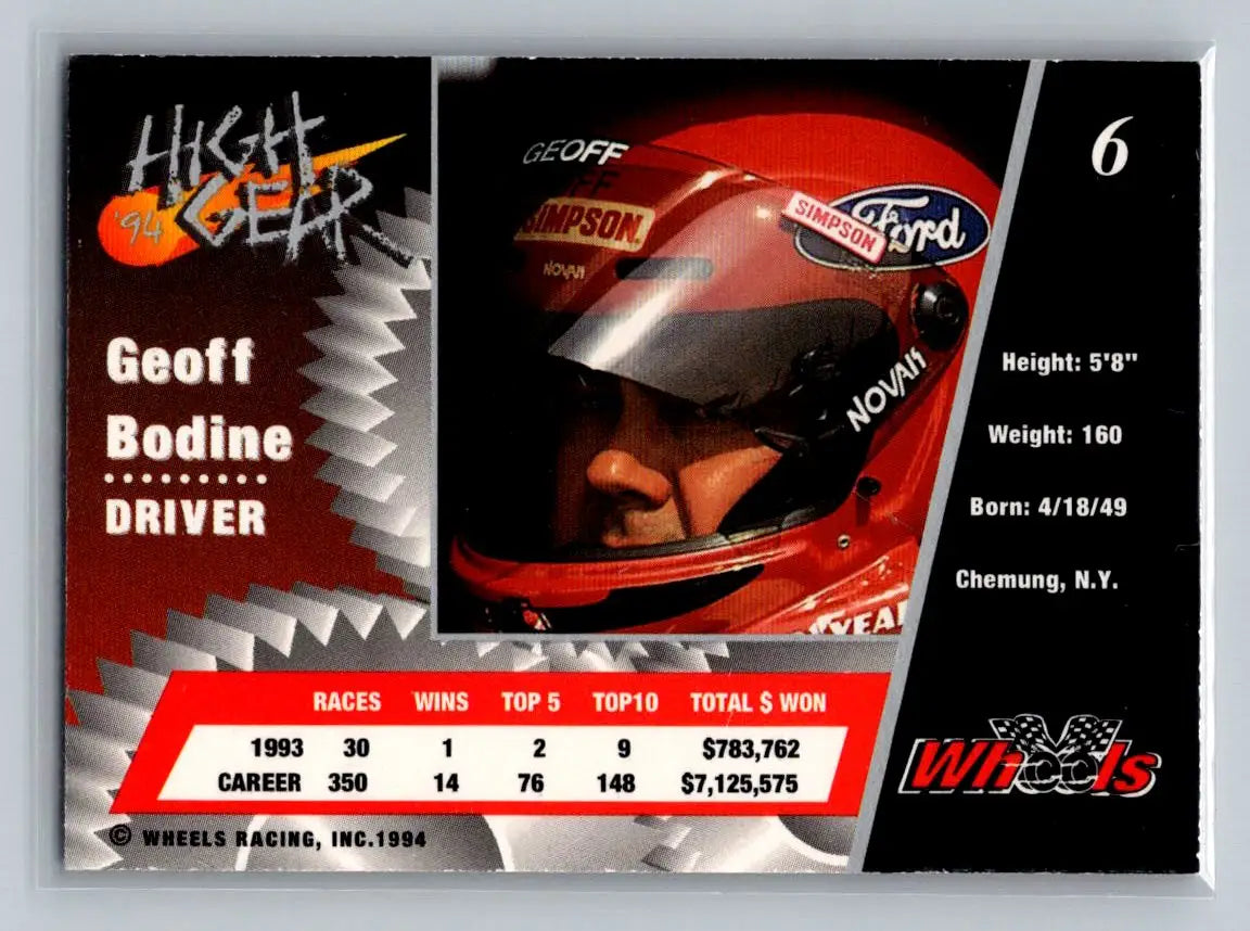 1994 Wheels High Gear #6 Geoff Bodine Geoff Bodine Racing - Racing Card Single