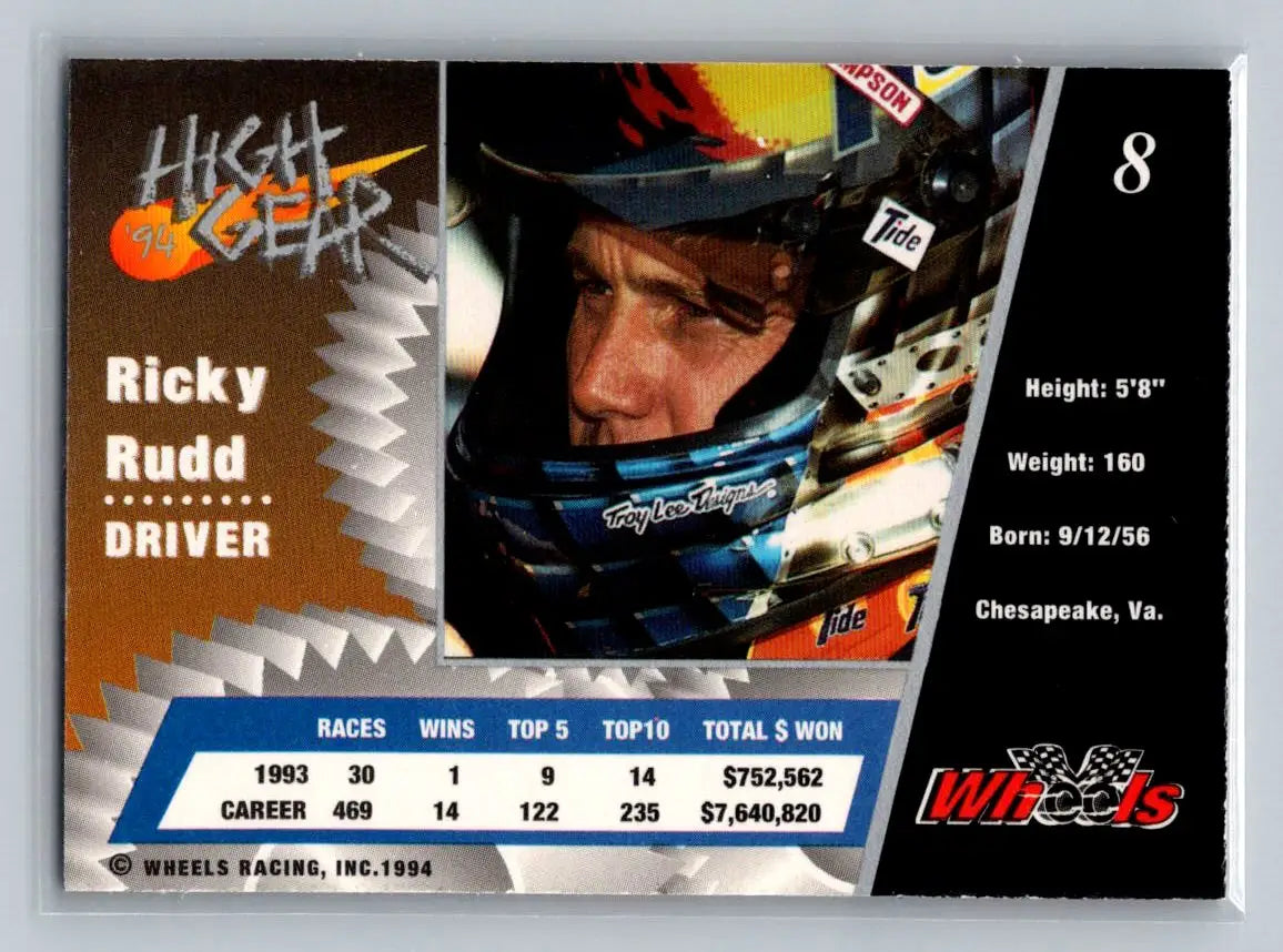1994 Wheels High Gear #8 Ricky Rudd Rudd Performance Motorsports - Racing Card Single