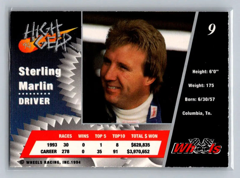 1994 Wheels High Gear #9 Sterling Marlin Stavola Brothers Racing - Racing Card Single