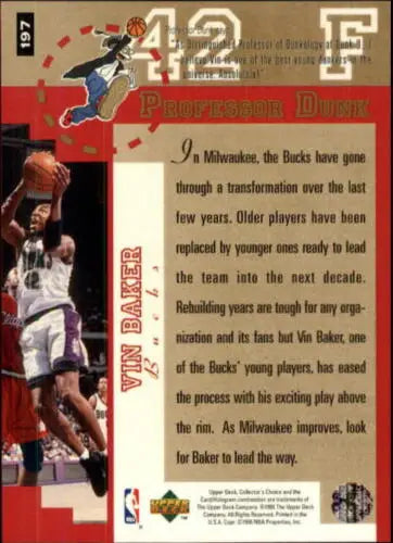 Basketball card back of 1995-96 Collector’s Choice Vin Baker with original gloss