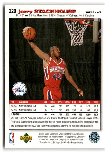 1995-96 Collector’s Choice #220 Jerry Stackhouse NM-MT RC Rookie 76ers ID:82472 - Basketball Card Single