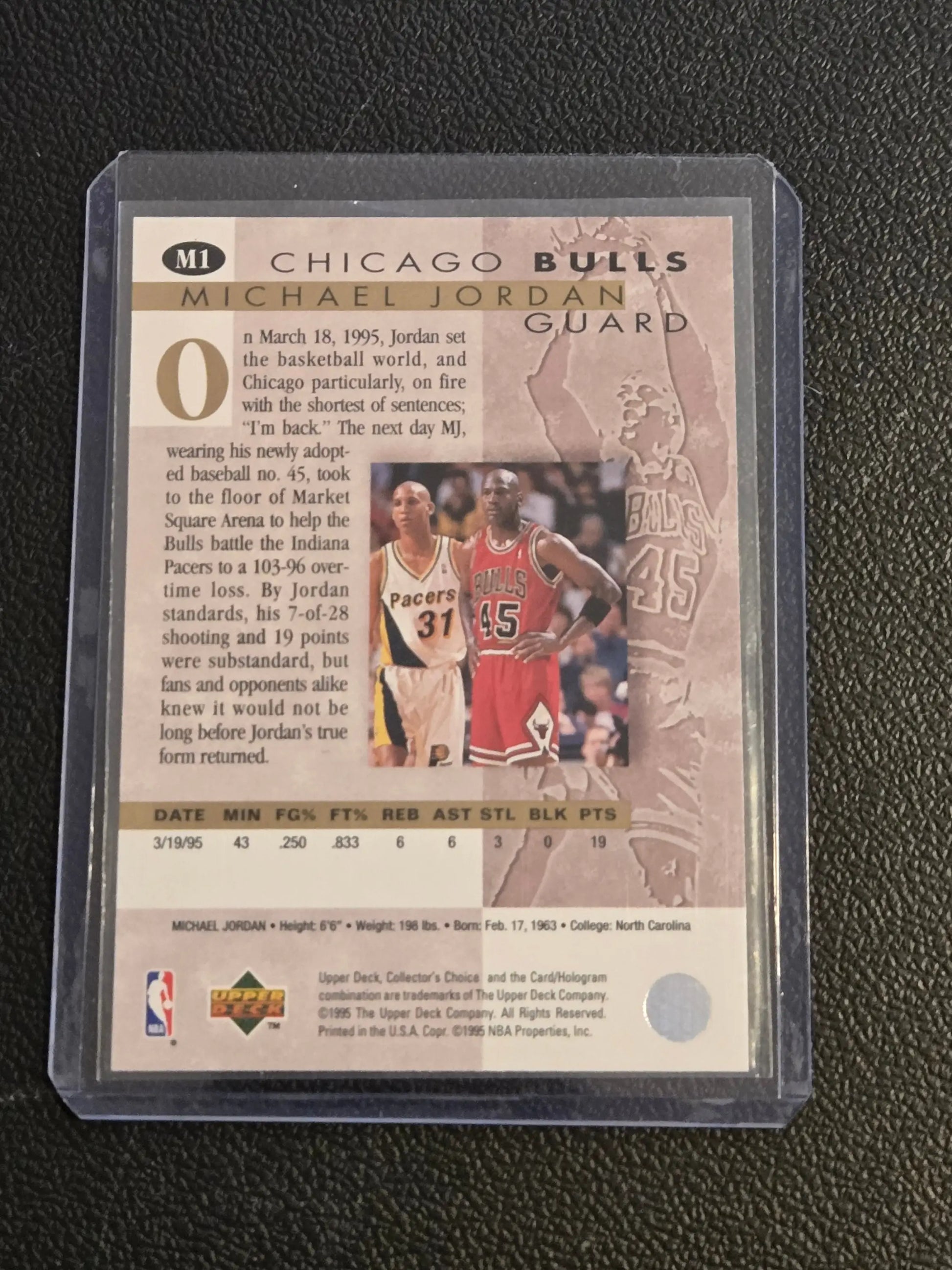 Michael Jordan basketball card in protective sleeve from 1995-96 Collector’s Choice Jordan Jordan series