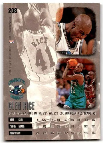 Glen Rice Fleer Ultra basketball card with original gloss from 1995-96 Hornets collection
