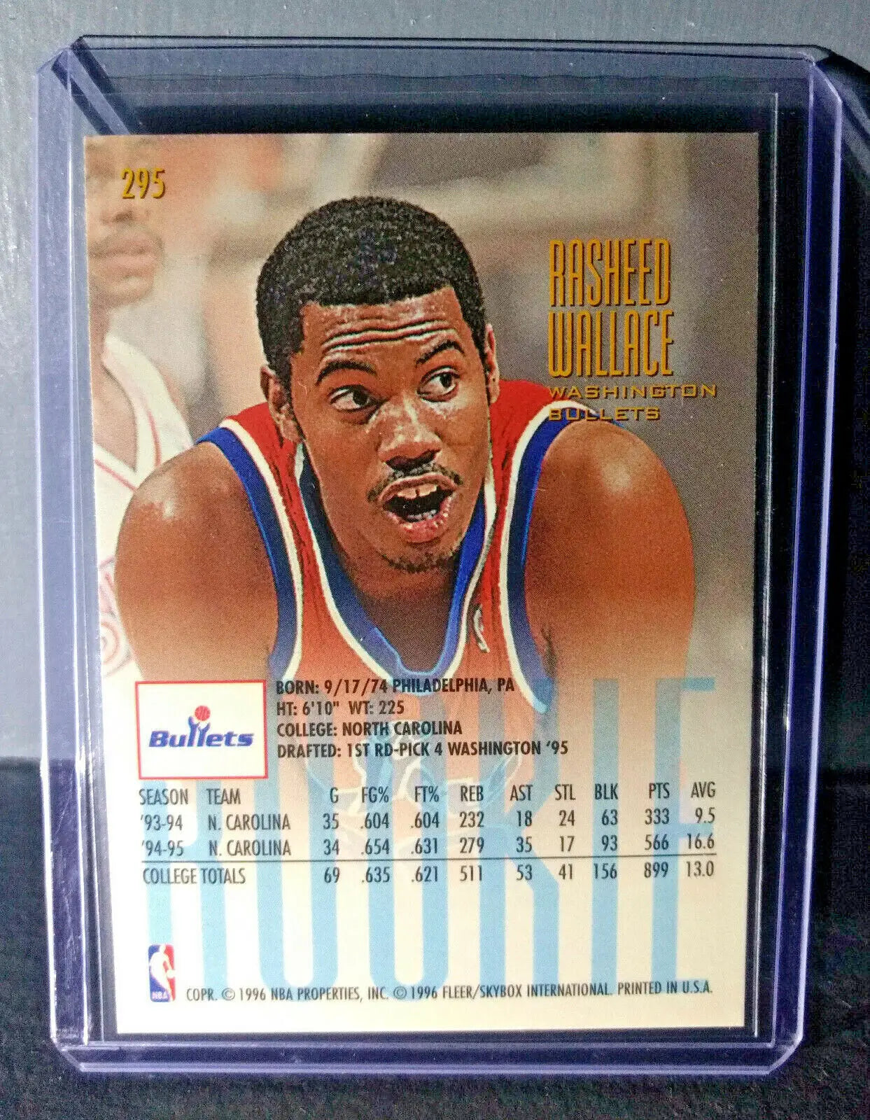 1995-96 Rasheed Wallace Fleer Ultra #295 Rookie Basketball Card