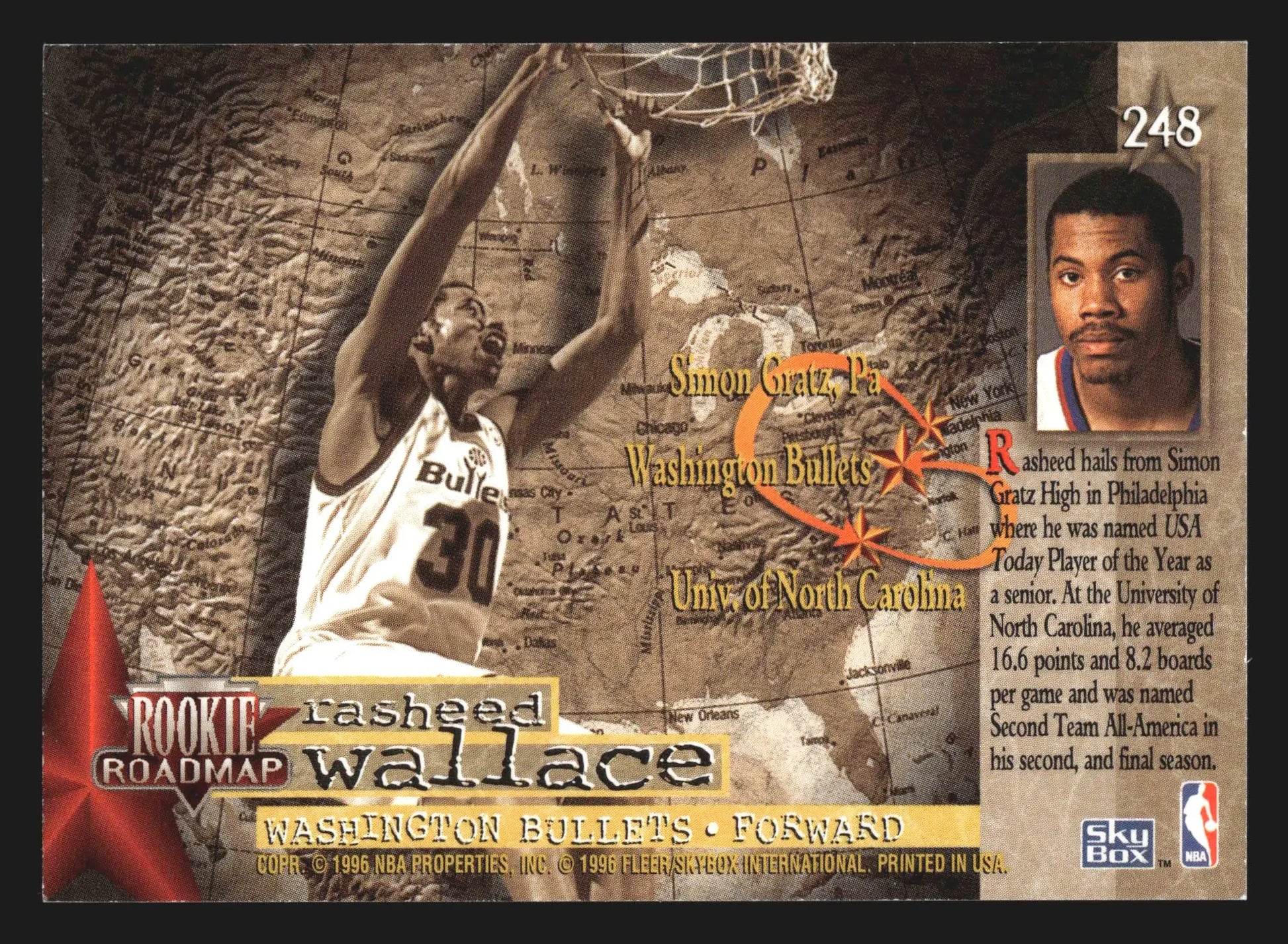 1995-96 SkyBox Premium Rasheed Wallace #248 Rookie Roadmap RC Bullets - Basketball Card Single