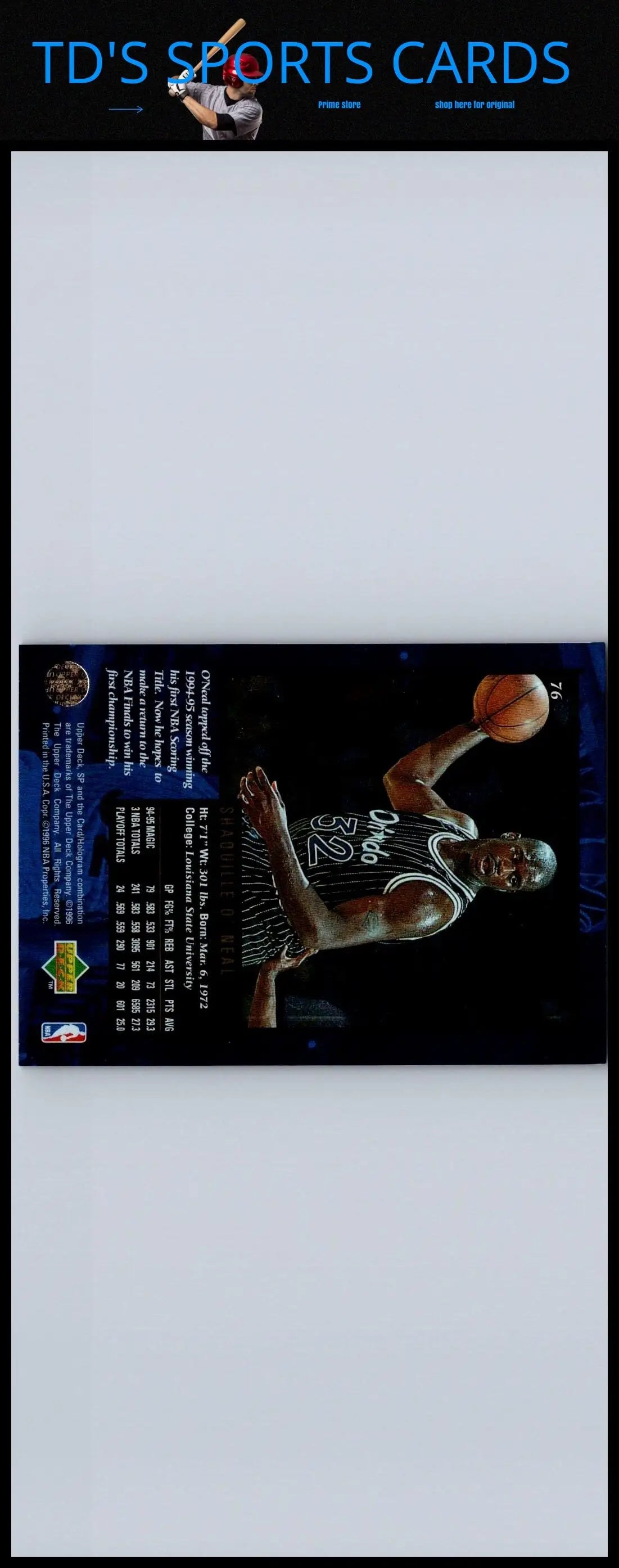 1995-96 SP Championship #76 Shaquille O’Neal trading card for collectors and fans