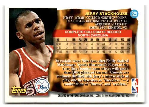 1995-96 Topps #229 Jerry Stackhouse NM-MT RC Rookie 76ers ID:82471 - Basketball Card Single
