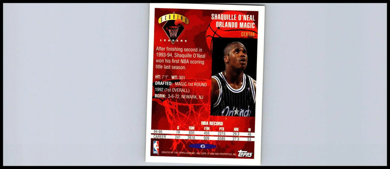 1995-96 Topps #6 Shaquille O’Neal basketball card for trading card collectors