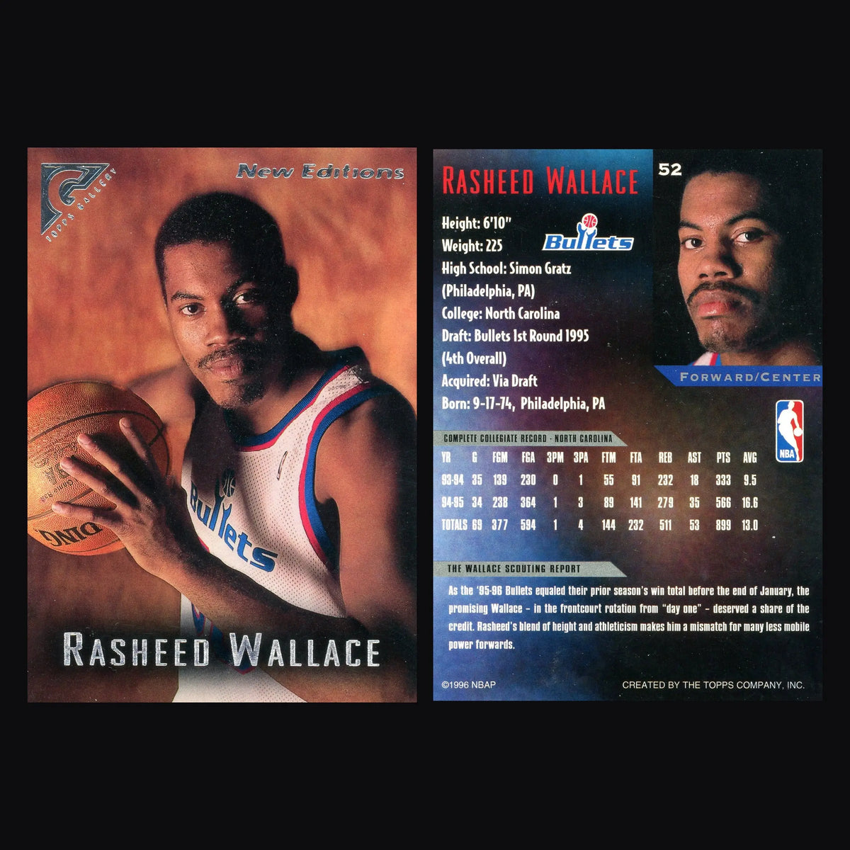 1995-96 Topps Gallery Rasheed Wallace #52 New Editions RC Bullets - Basketball Card Single