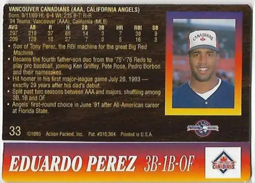 1995 Action Packed #33 Eduardo Perez baseball card with original gloss quality
