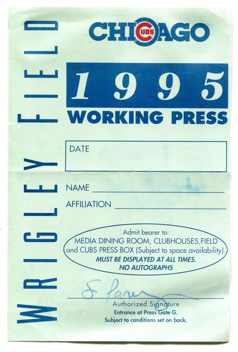 1995 Chicago Cubs working media press pass for Wrigley Field baseball events