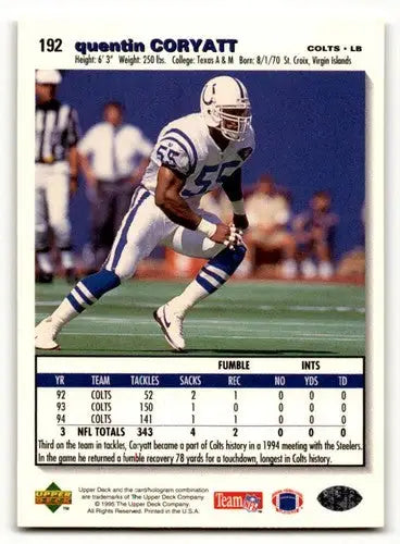 Quentin Coryatt football card from 1995 Collector’s Choice Indianapolis Colts memorabilia
