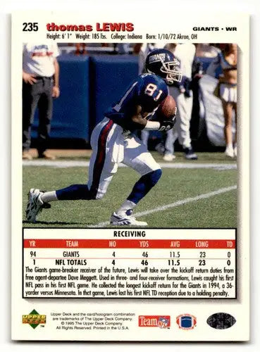 Original gloss Thomas Lewis football card featuring New York Giants collectible