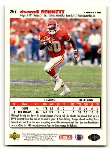 Original gloss Donnell Bennett football card featuring Bennett Kansas City Chiefs team logo