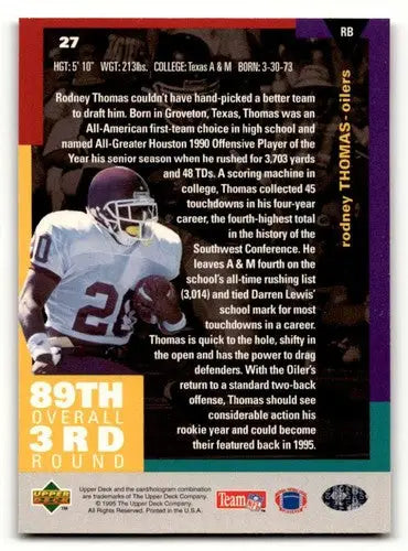 Rodney Thomas Houston Oilers football card from 1995 Collector’s Choice series