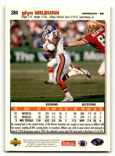 Glyn Milburn 1995 Collector’s Choice football card with original gloss Broncos collectible