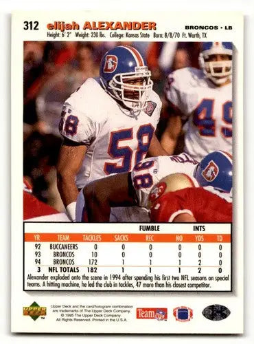 Elijah Alexander Denver football card from 1995 Collector’s Choice #312 featuring Elijah Alexander