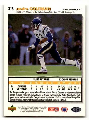 Original gloss San Diego Chargers Andre Coleman football card 1995 Collector’s Choice
