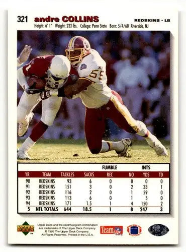 Original gloss Andre Collins football card featuring Andre Collins Washington Redskins