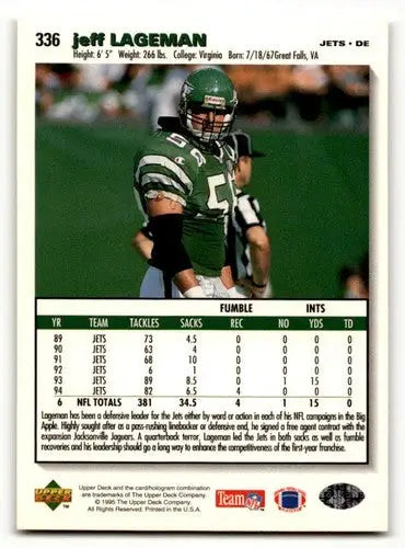 Jeff Lageman Jacksonville football card from 1995 Collector’s Choice featuring Jaguars player