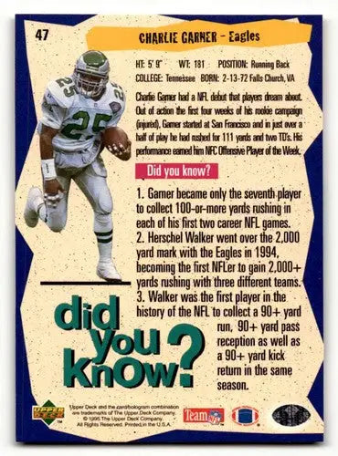 Original gloss football trading card featuring Charlie Garner Philadelphia Eagles ID 59964