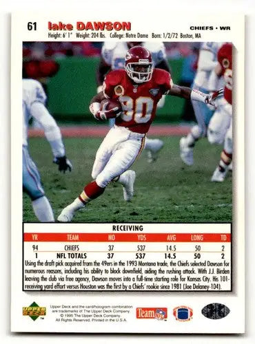 Original gloss Lake Dawson football card from 1995 Collector’s Choice Kansas City Chiefs