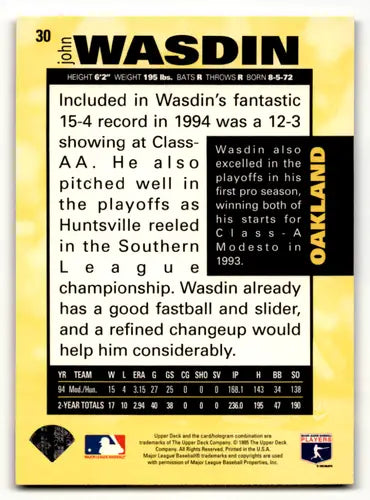 1995 Collector’s Choice Gold Signature John Wasdin baseball card Athletics NM-MT