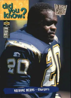 Football card featuring Natrone Means in original gloss from 1995 Collector’s Choice Chargers