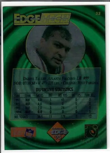 Football card featuring player stats from 1995 Collector’s Edge EdgeTech with Darryl Talley