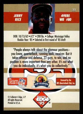 1995 Collector’s Edge Instant Replay #33 Jerry Rice - Football Card Single
