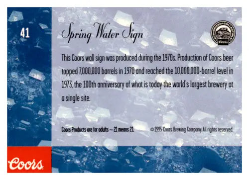 1995 Coors #41 Spring Water Sign NM Near Mint ID:64856 - Entertainment Memorabilia