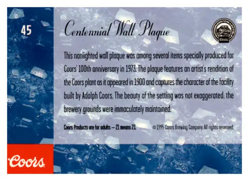 Original gloss Coors Centennial Wall Plaque trading card for the Centennial Wall display